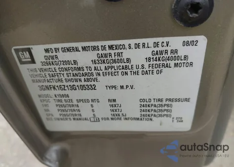 2003 Chevrolet Suburban 1500 Lt z USA, uszkodzony, nr VIN 3GNFK16Z13G105332